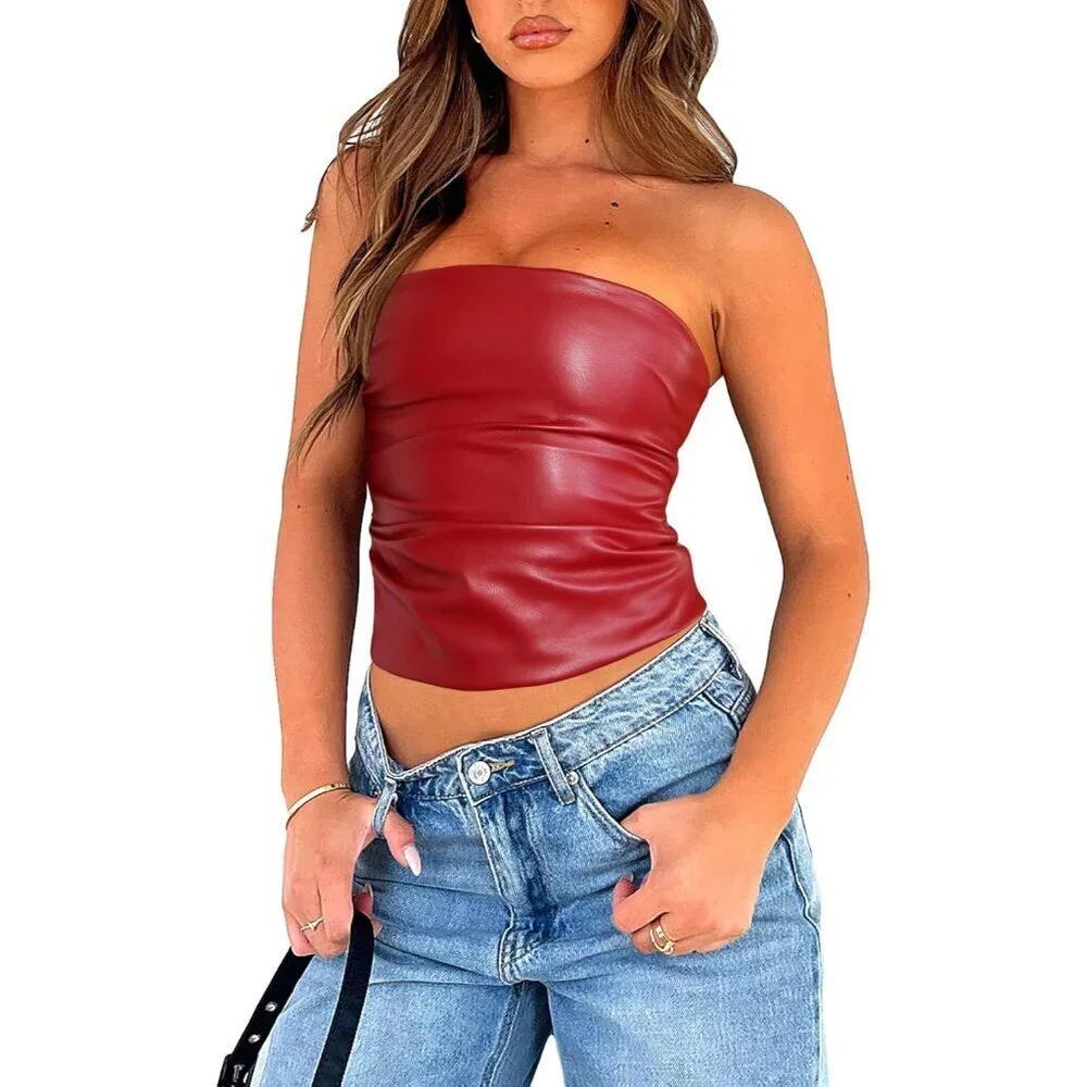 Women Faux Leather Sexy Ruched Strapless Tube Top for Night Out Party - Picture 1 of 6